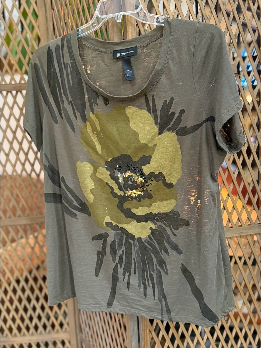 INC International Concepts Olive Floral Short Sleeve Tee with Sequin Accent